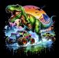 Preview: Dinos - Panelbild T-Rex & Trucks 70cm - BIO French Terry