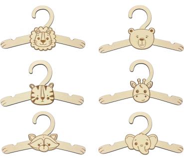 6er-Set Kinder-Kleiderbügel aus Holz mit Löwe Bär Tiger Giraffe Waschbär und Elefant