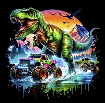 Dinos - Panelbild T-Rex & Trucks 70cm - BIO French Terry