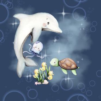 Little Ocean - Panelbild Delfin blau 70cm - BIO Jersey