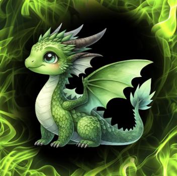 On Fire - Panelbild niedlicher Drache grün 70cm - BIO French Terry