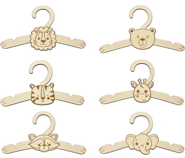 6er-Set Kinder-Kleiderbügel aus Holz mit Löwe Bär Tiger Giraffe Waschbär und Elefant
