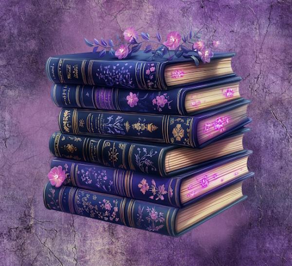 Fantasie - Panelbild Bücher lila 70cm - BIO Jersey