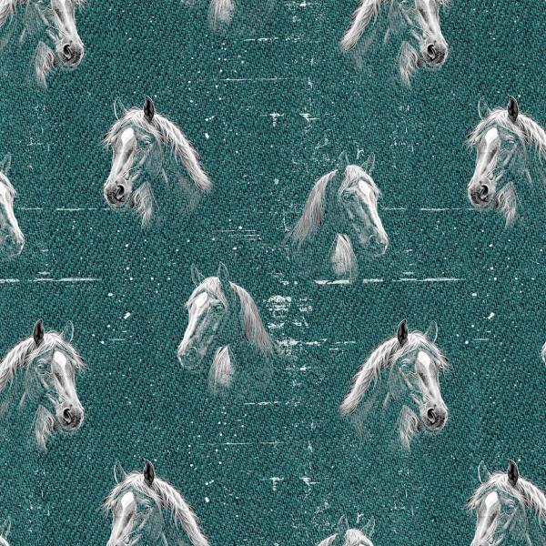 Allover Denim - Pferde petrol - Überbreite BIO French Terry
