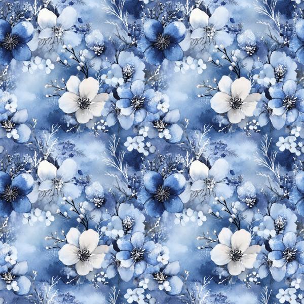 Winter Blumen blau - Überbreite BIO French Terry