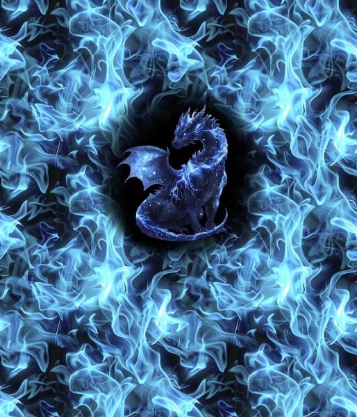 On Fire - Panelbild Drache blau 70cm - BIO French Terry