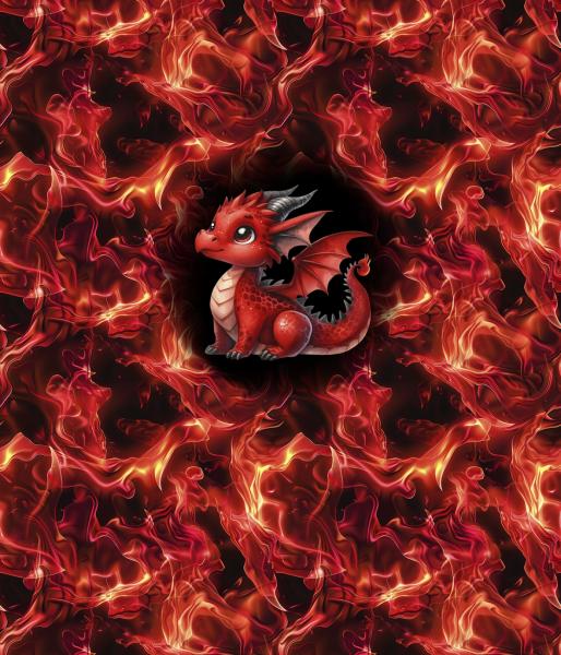 On Fire - Panelbild niedlicher Drache rot 70cm - BIO French Terry