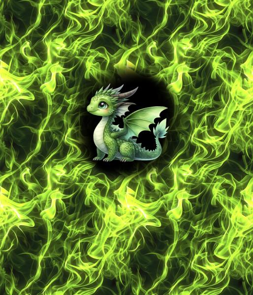 On Fire - Panelbild niedlicher Drache grün 70cm - BIO French Terry