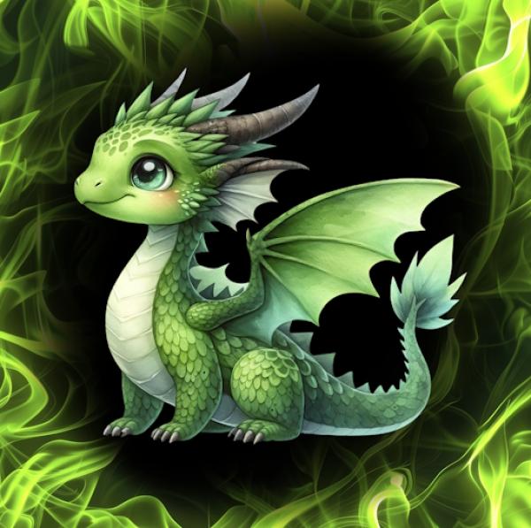 On Fire - Panelbild niedlicher Drache grün 70cm - BIO French Terry