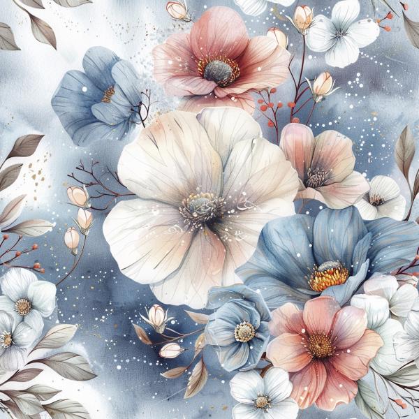Hello Winter - Blumen blau rot - Überbreite BIO French Terry